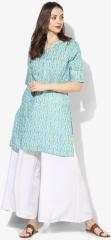 Global Desi Turquoise Blue & White Printed Tunic women