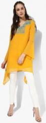 Global Desi Yellow Embroidered Polyester Tunic women