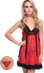 Heart 2 Heart Red & Black Sheer Babydoll With Matching Thong women