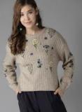 Here&now Beige & Blue Self Design Pullover Sweater women