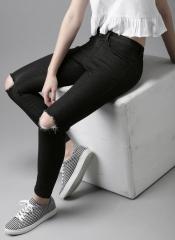 Here&now Black Skinny Fit Mid Rise Slash Knee Stretchable Cropped Jeans women