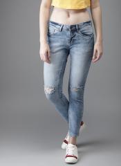 Here&now Blue Skinny Fit Mid Rise Slash Knee Stretchable Cropped Jeans women