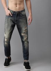 Here&now Blue Slim Fit Mid Rise Highly Distressed Cropped Jeans men