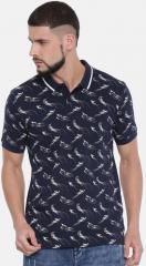 Here&now Navy Printed Polo Collar T Shirt men