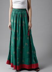 Here&now Teal Green & Golden Printed Tiered Maxi Skirt women