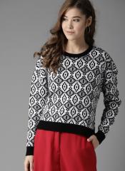 Here&now White & Black Self Design Pullover Sweater women