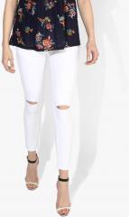 Here&now White Skinny Fit Solid Denim Trousers women