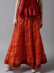 HERE&NOW Women Orange & Red Printed Maxi Tiered Skirt