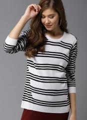 HERE&NOW Women White & Black Striped Pullover