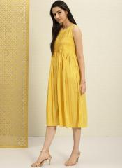 House Of Pataudi Yellow Solid Empire Dress women