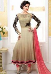 Inddus Beige Embroidered Dress Material women