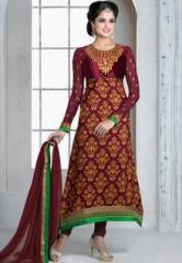 Inddus Maroon Embroidered Dress Material women
