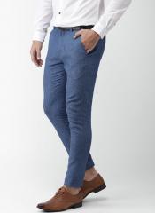 Invictus Blue Slim Fit Linen Solid Formal Trousers men