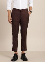 Invictus Maroon Slim Fit Self Design Smart Casual Regular Cropped Trousers men