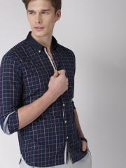 Invictus Navy Blue & Off White Slim Fit Checked Casual Shirt men