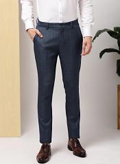 Invictus Navy Blue Slim Fit Checked Formal Trousers men