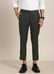 Invictus Olive Green & Black Slim Fit Checked Regular Smart Casual Cropped Trousers men