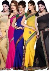 Ishin Combo Of 5 Multi Color Embroidered Saree women