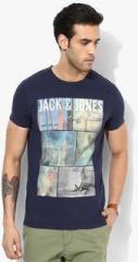 Jack & Jones Navy Blue Printed Slim Fit Round Neck T Shirt men