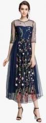 Jc Collection Navy Blue Coloured Embroidered Maxi Dress women