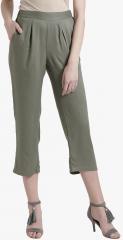 Kazo Olive Solid Slim Fit Regular Trouser women