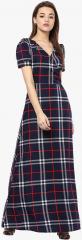 La Zoire Navy Blue Checked Fit and Flare Dress women