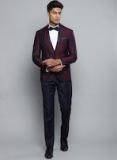Louis Philippe Men Maroon & Navy Self Design Bandhgala Slim Fit Ethnic Suit