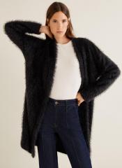 Mango Black Fuzzy Longline Front Open Sweater women
