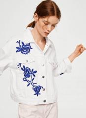 Mango White Embroidered Denim Jacket women