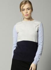 Marks & Spencer Women Grey Melange & Navy Blue Colourblocked Pullover
