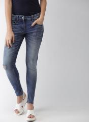 Mast & Harbour Blue Skinny Fit Mid Rise Mildly Distressed Stretchable Jeans women
