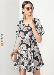 Miss Bennett Fit And Flare Multi Printed Dress Featuring Wide Flared Sleeves And V Neck women