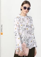 Miss Bennett White Printed Round Neck Top With Frills And Insert Lace Detailing women