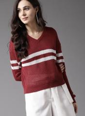 Moda Rapido Women Rust Red & White Cable Knitted Pullover