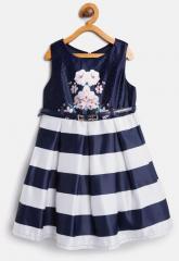 Nauti Nati Navy Blue & Off White Striped Fit & Flare Dress With Printed Detail girls