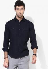 Numero Uno Navy Blue Solid Slim Fit Casual Shirt men