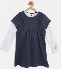 Ovs Navy Blue Solid A Line Dress With Top girls
