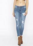 People Blue Skinny Fit Mid Rise Highly Distressed Stretchable Cropped Jeans women