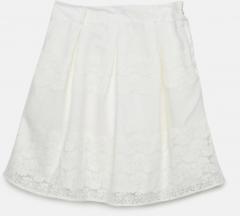 Peppermint White Self Design A Line Knee Length Skirt girls