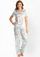 Prettysecrets Aqua Floral Button Front Short Sleeve Top And Pajama Nightwear Sets women