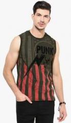 Punk Olive Printed Round Neck Vest men