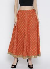 Rangriti Orange Printed Flared Skirt women