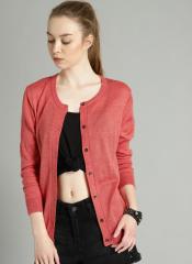 Roadster Coral Pink Solid Cardigan Sweater women