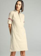 Roadster Cream Coloured Solid A Line Dress women