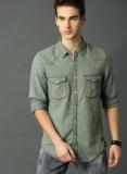 Roadster Olive Green Regular Fit Solid Chambray Casual Shirt men