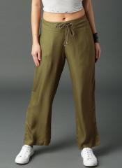 Roadster Olive Green Regular Fit Solid Regular Trousers women