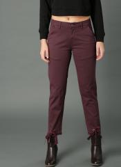 Roadster Women Burgundy Tapered Fit Solid Cropped Regular Trousers