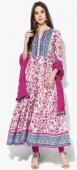 Sangria 3/4Th Sleeves Multicoloured Embellished Long Length Flared Kurta Alongwith Pink Color Churidar And Dupatta women