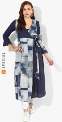Sangria Authentic Indigo Printed Cotton Shrug With Tie Up And Flared Sleeve Hem Detail women