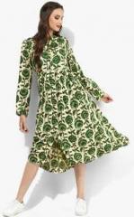 Sangria Band Collar Rayon Printed Shift Dress With Full Sleeves women